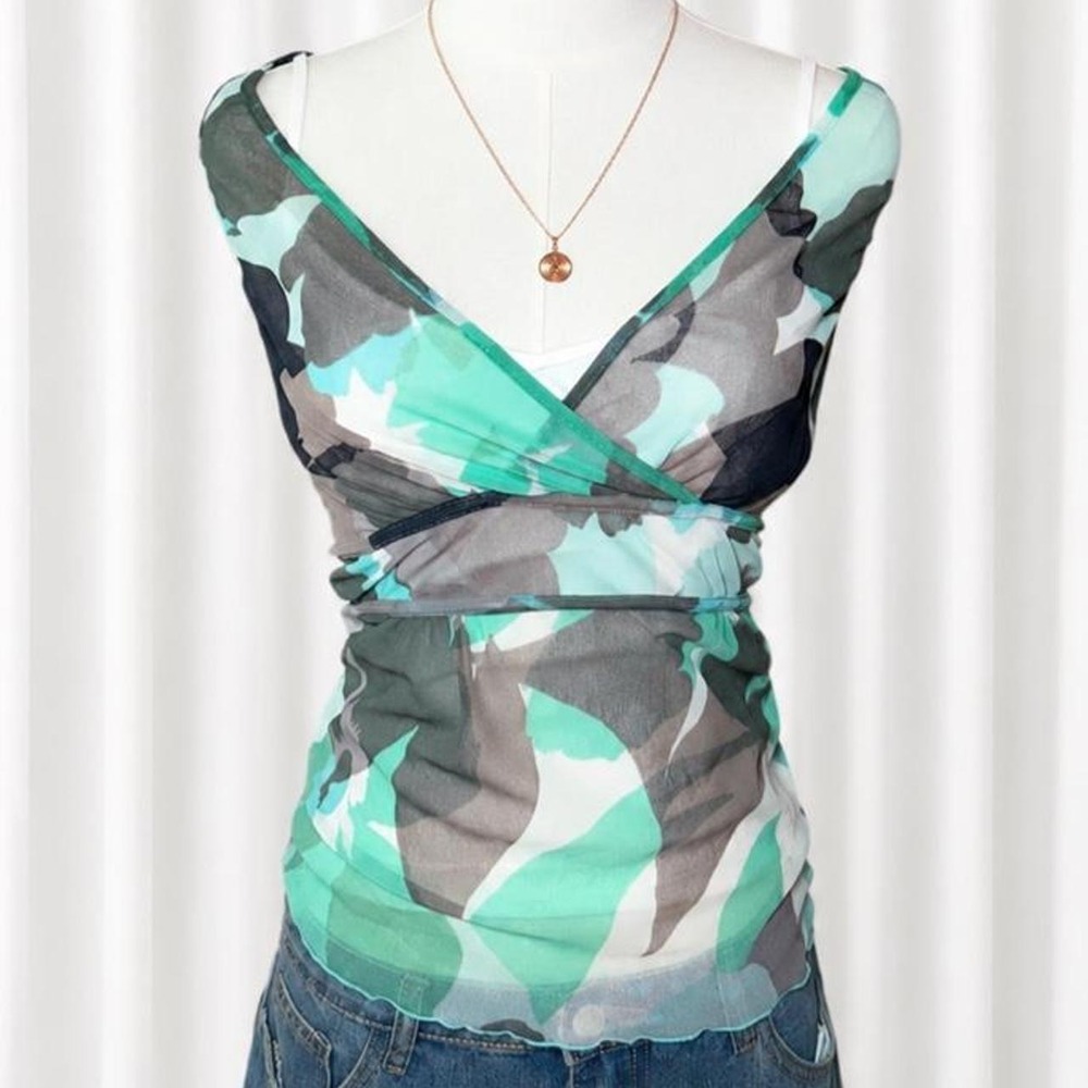 Y2K Mint Green Mesh Floral Surplice Top